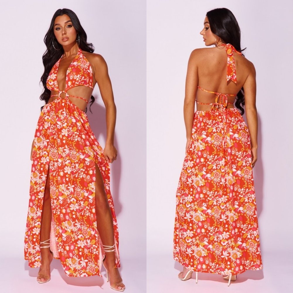 Floral Print Sleeveless V-Neck Halter Neck Backless Front Slit Cutout Maxi Dress